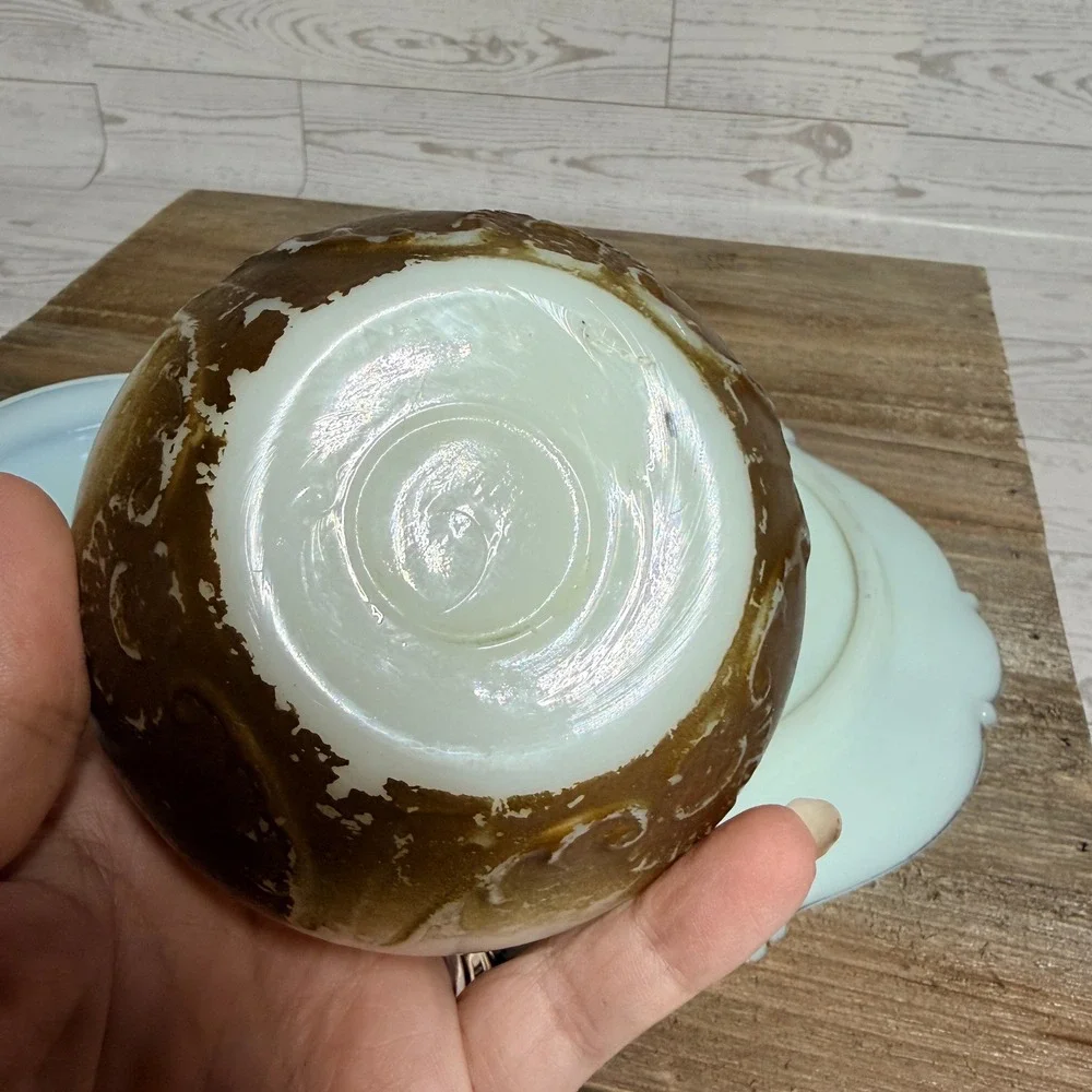 Antique Milk Glass Vanity Set Green Gold Painted Trinket Jar and Tray